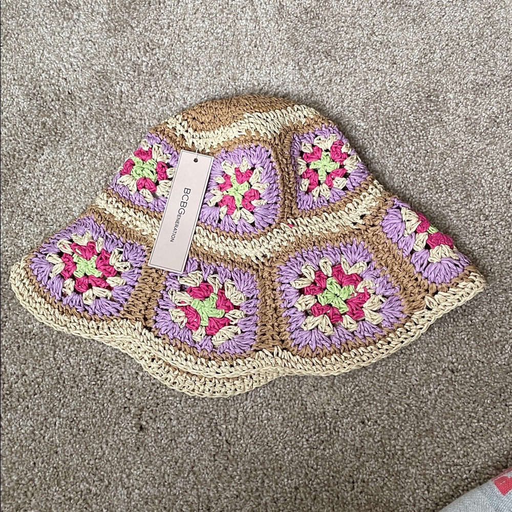 Granny square hat Crochet Straw Bucket BCBGeneration NWT